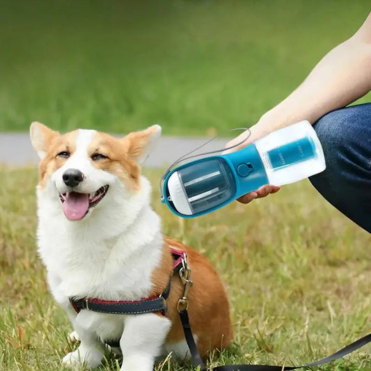 NNEDSZ Dark Blue 3-in-1 Portable Pet Water Bottle with Food Storage and Waste Bag Dispenser - 300mL Capacity
